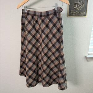 Women's‎ Vintage A-Line Brown Blue Pink Plaid Midi Skirt Size Small